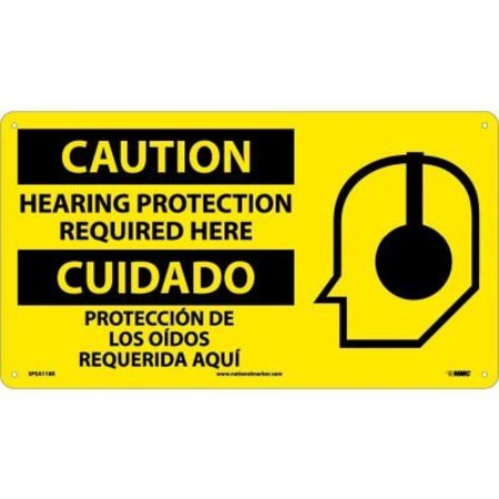 NATIONAL MARKER CO Bilingual Plastic Sign - Caution Hearing Protection Required Here SPSA118R